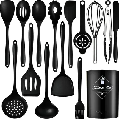 Produktbild von 15-teiliges Silikon Kš¹chenutensilien-Set, Hitzebest?ndig, Spš¹lmaschinenfest, Antihaftbeschichtet (Schwarz)