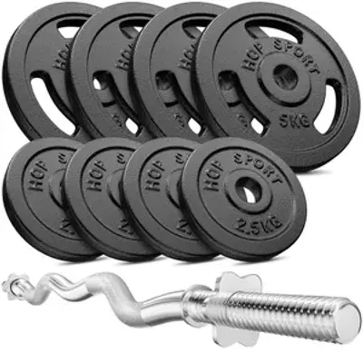 Produktbild von Hop-Sport Gusseisen Hantel-Set 37kg inkl. SZ-Curlstange 120cm, Gewichte: 4x5kg, 4x2,5kg 30mm Hantelscheiben
