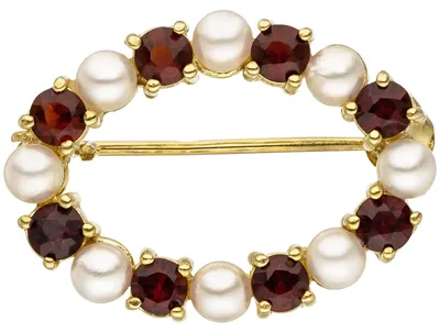 Produktbild von Brosche mit roten Granaten und Akoya-Perlen Nadelsicherung 375 Gold Gelbgold