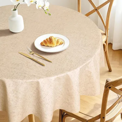 Produktbild von Runde PVC Tischdecke 120 cm Leinenoptik Beige, fleckabweisend, wasserdicht, abwischbar