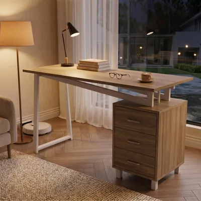 Image de Grand bureau avec rangements, MDF, 3 tiroirs, 130 x 55 x 75 cm, couleur naturelle