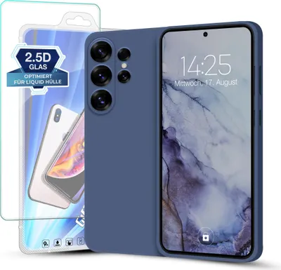 A phone case and screen protector are displayed together.