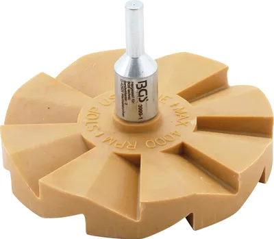 A close-up studio shot of a rotary eraser wheel with a metal shank.