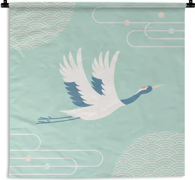 Produktbild von MuchoWow® Wandteppich Wandbehang Illustration eines chinesischen Kranichs vor einem blauen Hintergrund 60x60 cm Tapisserie Dekoration Wandtuch - Dekorationen - Wand Decke