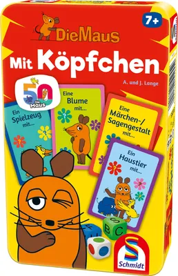 The image shows the packaging of a board game for children, featuring cartoon characters and colorful cards.