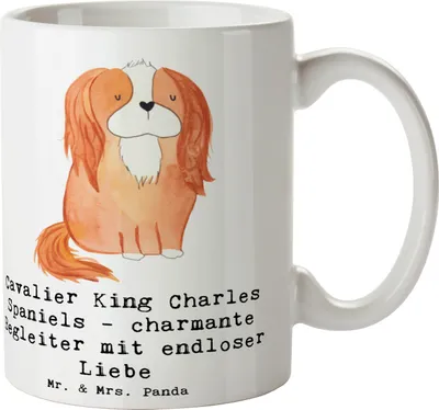 Produktbild von Mr. & Mrs. Panda Becher Cavalier King Charles Spaniel Begleiter - Weiß - Geschenk, bedingungslose Liebe, Teebecher, Kaffeetasse, Hunderassen Eigenschaften, Keramiktasse