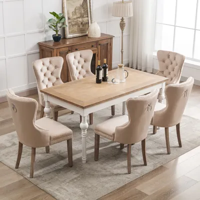 Immagine prodotto di Sedie da pranzo Okwish, set da 6 pezzi, sedie da cucina, sedie da soggiorno con poggiapiedi, sedie imbottite in velluto, beige