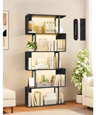 Immagine prodotto di Libreria a forma di S con illuminazione a LED, 5 ripiani, controllo touch e telecomando, colore nero, dimensioni 70x24x157 cm