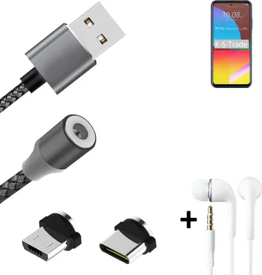 Produktbild von K-S-Trade® Hochwertiges Magnet-Lade-kabel Sync-Kabel Daten-Kabel + Kopfhörer kompatibel mit HTC Desire 21 Pro mit USB-Typ-C-Anschluss und