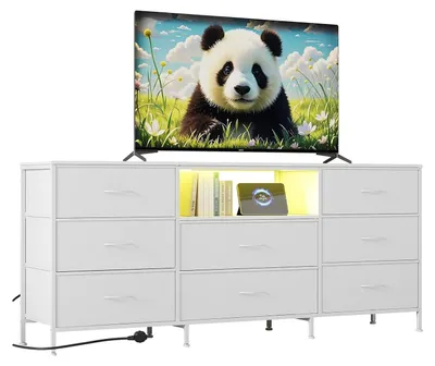Obrázek produktu pro Stojan na televizi, v provedení z kovu a dřeva, s univerzálními úložnými prostory pro média, bílý