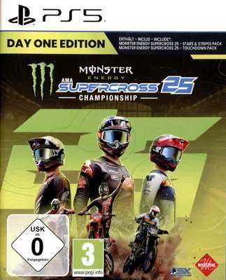 The cover art for the video game 'Monster Energy Supercross 25 - The Official Video Game'.