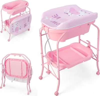 Produktbild von GOPLUS Baby Badewanne faltbar, Klappbarer Baby-Windeltisch mit Ablagefach, Baby Tablett mit Rollen aus PP, PVC-Windeleinlagen, Räder mit Bremsen, Rosa