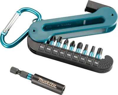 A set of screwdriver bits with a carabiner clip and a magnetic bit holder.