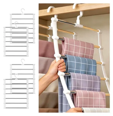 Produktbild von 4 Stück platzsparende Hosenbügel: 7 Stangen Kleiderbügel für Hosen, faltbar aus Metall, Schrankorganizer, rutschfeste Hosenbügel zum Aufhängen von Hosen, Jeans und Schals