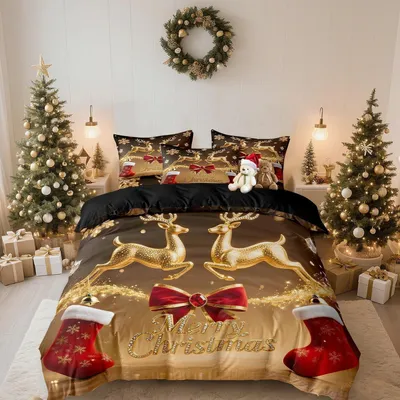 Productafbeelding van Kerstbeddengoed, 200x200 cm, rood en goud, microvezel, 2-delige set met 2 kussenslopen van 80x80 cm