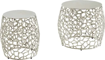Produktbild von WOHNLING Beistelltisch 2er Set Aluminium Silber Satztisch Metall Rund Wohnzimmertisch Couchtisch Ast-Struktur Modern Sofatisch 2-teilig Wohnzimmer