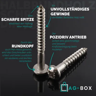 Produktbild von AG-BOX Halbrundholzschrauben 4x30 mit Kreuzschlitz "Z" DIN 7996 Edelstahl A2, 200 Stück