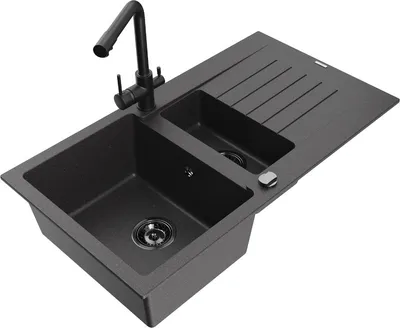 Produktbild von Mexen Matias 1,5-Becken-Granitspüle mit Abtropffläche und Mischbatterie Duero, Schwarz gesprenkelt - 6502-76-671600-70-B