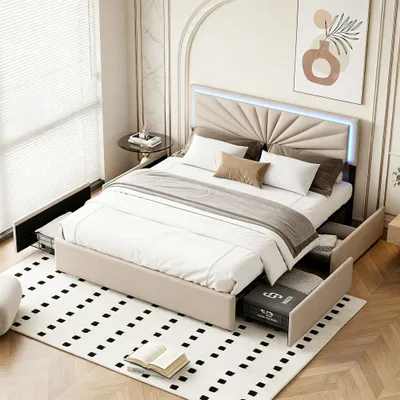 Image de INONEFT, lit tapissé 160x200 avec 4 tiroirs, lit double rembourré avec repose-tête réglable en hauteur, structure de lit avec sommier à lattes, lin, beige