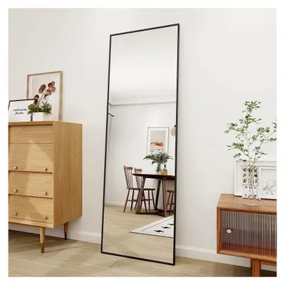 Produktbild von Ganzkörperspiegel 40 x 160 cm Standspiegel mit Haken HD Metallrahmen für Schlafzimmer Badezimmer Wohnzimmer Rechteckig Schwarz