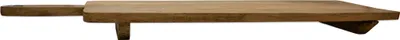 A wooden serving board with a handle and a triangular support leg.