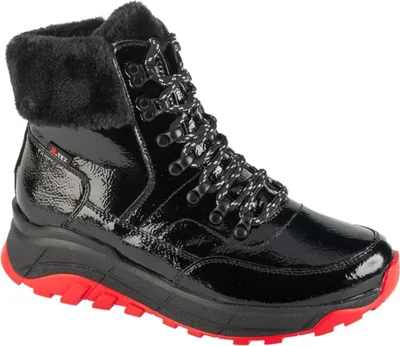 A single black boot with red accents and fur trim is shown against a white background.