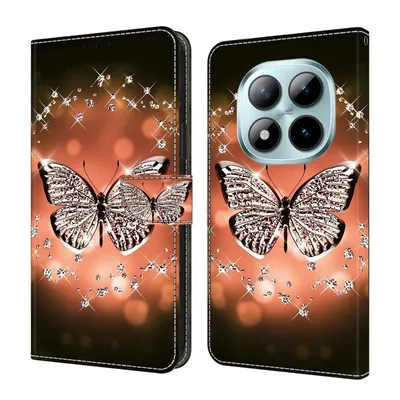 Produktbild von CLM-Tech Handyhülle kompatibel mit Xiaomi Redmi Note 15 Pro 5G 6,83 Zoll Hülle - Tasche aus Kunstleder - Klapphülle mit Ständer und Kartenfächern - Schutzhülle Wallet Case Cover Schmetterling Diamanten Muster