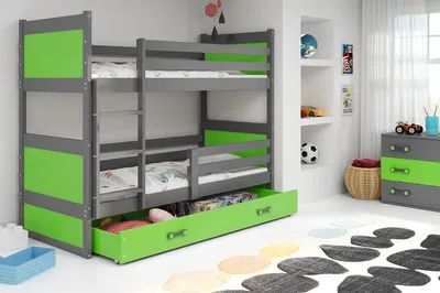 Zdjęcie produktu dla Łóżko piętrowe dla dzieci ze schowkiem i materacami 80 x 160 FERGUS – grafit/zieleń