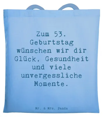 Produktbild von Mr. & Mrs. Panda Tote Bag Spruch 53. Geburtstag Glück - Sky Blue - Geschenk, Einkaufstasche, Happy Birthday, Schultasche, Tasche, Shopping, Geburtstagsspruch, besonderer