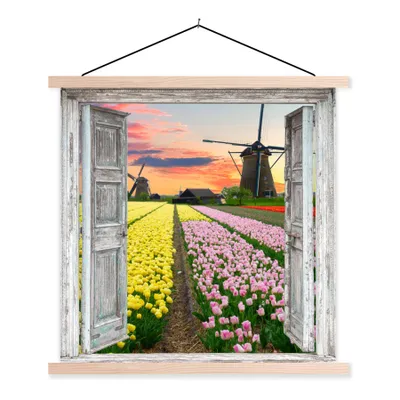 Produktbild von MuchoWow® Textilposter Aussicht - Tulpen - Mühle - Abend 120x120 cm mit holzfarbenen Rahmen - Textil-Poster