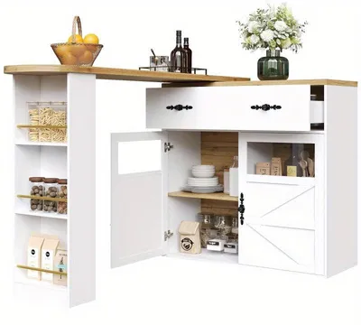 Immagine prodotto di Tavolo da bar – Tavolo da cucina – Isola da cucina – Tavolo da bistrot – Rotazione a 360° – Bianco con finitura effetto legno – Con spazio contenitivo
