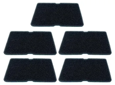 A top-down view of five black foam filters arranged in a staggered pattern on a white background.