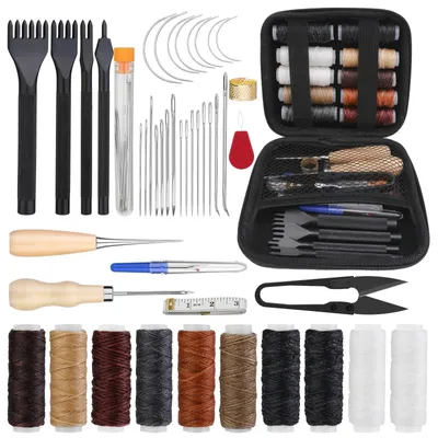 Image de Omgoods - Kit de couture en cuir comprenant 46 pièces, avec aiguilles et fil