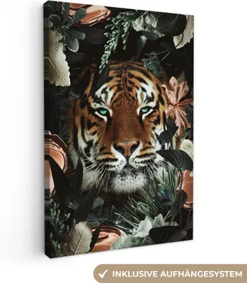 Produktbild von MuchoWow® - Leinwandbilder - Tiger - Botanisch - Blumen, Wandbild, Wanddeko Bilder Wohnzimmer, 20x30 cm
