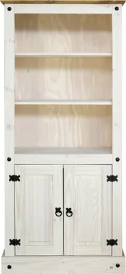Produktbild von Möbilia Bücherregal | mit 2 Türen, 3 offene Fächer | Kiefer-Holz | B 81 x T 38 x H 177 cm | 19020043 | weiß lackiert, braune Deckplatte | Serie REGAL