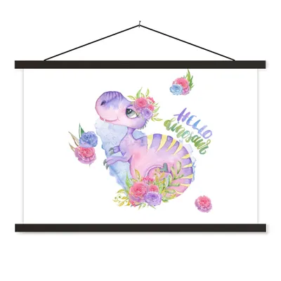 Obrázok produktu pre MuchoWow® Textilný plagát - Dinosaurus - Škôlka - Akvarel - Dievčatá - Deti - Ružová - 120x80cm - S čiernymi lamelami