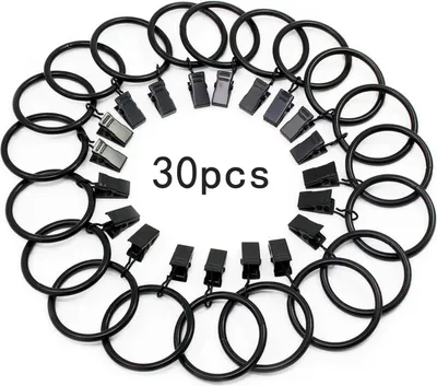 A collection of black curtain rings with clips arranged in a circular pattern on a white background, with the text '30pcs' in the center.