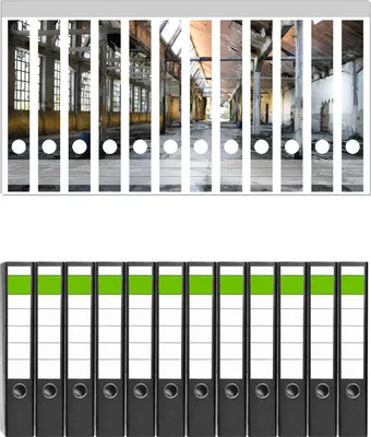 Produktbild von Wallario 12 Stück schmale Ordner inkl. Klebeetiketten mit Motive Alte Industriehalle  leerstehend und einsam -  Set mit Rückenschildern / Ordnerrücken Stickern