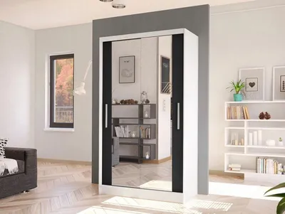 Obrázek produktu pro Úzká šatní skříň 100 cm se zrcadlem ARAPO 4 - bílá / černá