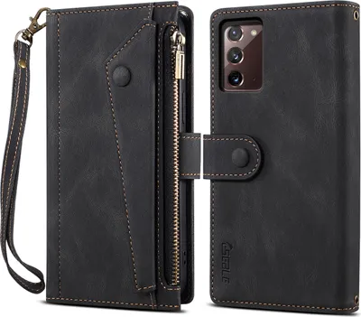 Produktbild von Schutzhülle für Samsung Galaxy Note 20/Note 20 5G Reißverschluss Hülle, Leder Klapphülle Kartenfach Standfunktion Brieftasche mit Trageband Schwarz