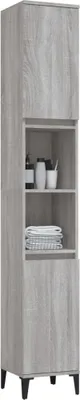 A tall, narrow bathroom cabinet with a wood-grain finish.