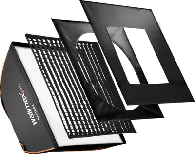 Produktbild von Walimex pro Softbox PLUS Orange Line 40x40, um 360° drehbar, einfacher Aufbau, inkl. Diffusoren, Grid, Masken, Transporttasche, ideal für Produkt- und Peoplefotografie - schwarz-weiß
