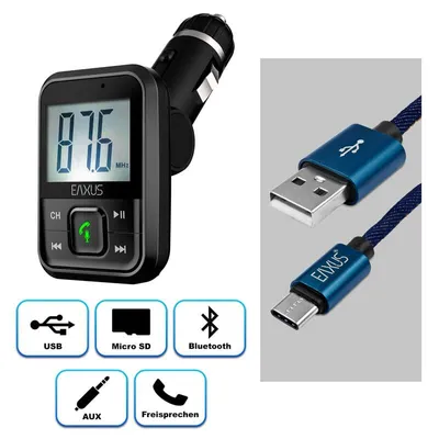 A collage showing a car FM transmitter with various connection icons and a USB-C cable.
