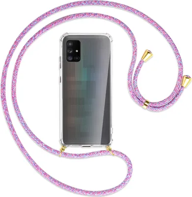 Produktbild von Handykette Backcover-Schutzhülle mit Band (Metall goldfarben) für Samsung Galaxy A71 5G - lila/rosa/blau