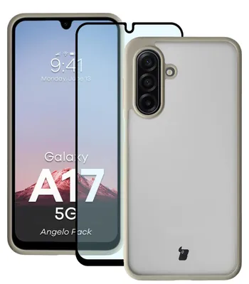 Produktbild von Schutzhülle + gehärtetem Glas für Galaxy A17 5G, Bizon Angelo Pack, Semitransparent mit beigem Rahmen