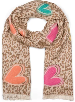 Produktbild von styleBREAKER Damen Schal mit Leopardenmuster und Herz-Stickerei – Weicher, warmer und r Schal mit Fransen 01017164