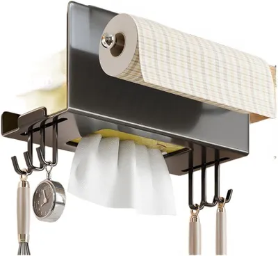 Produktbild von Küchenrollenhalter Wandmontage Ohne Bohren Grau(Grey With Hooks) | Ohne Bohren, selbstklebend, wandmontage, küche bad, schnelle installation