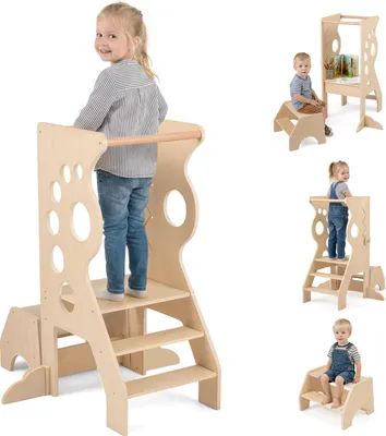 Immagine prodotto di COSTWAY Torre didattica 3 in 1 con sgabello a 2 gradini, sgabello in legno con barre di sicurezza, giochi di linee, scaletta, sgabello per bambini dai 3 anni in su