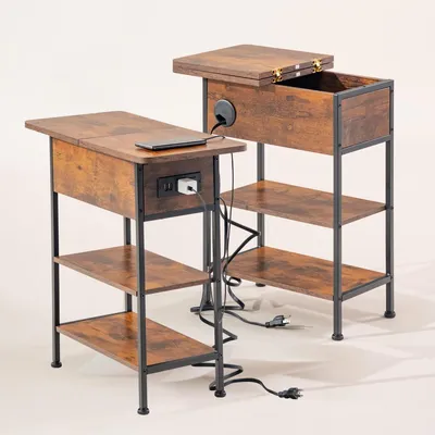 Image de Table de chevet, style industriel, vintage, avec boîte de rangement et plateau, pliable