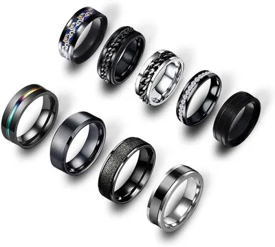 Zdjęcie produktu dla Pierścienie fidget z tytanu i stali – czarne – 9 sztuk – pierścienie męskie – wzór w kształcie ogniw.